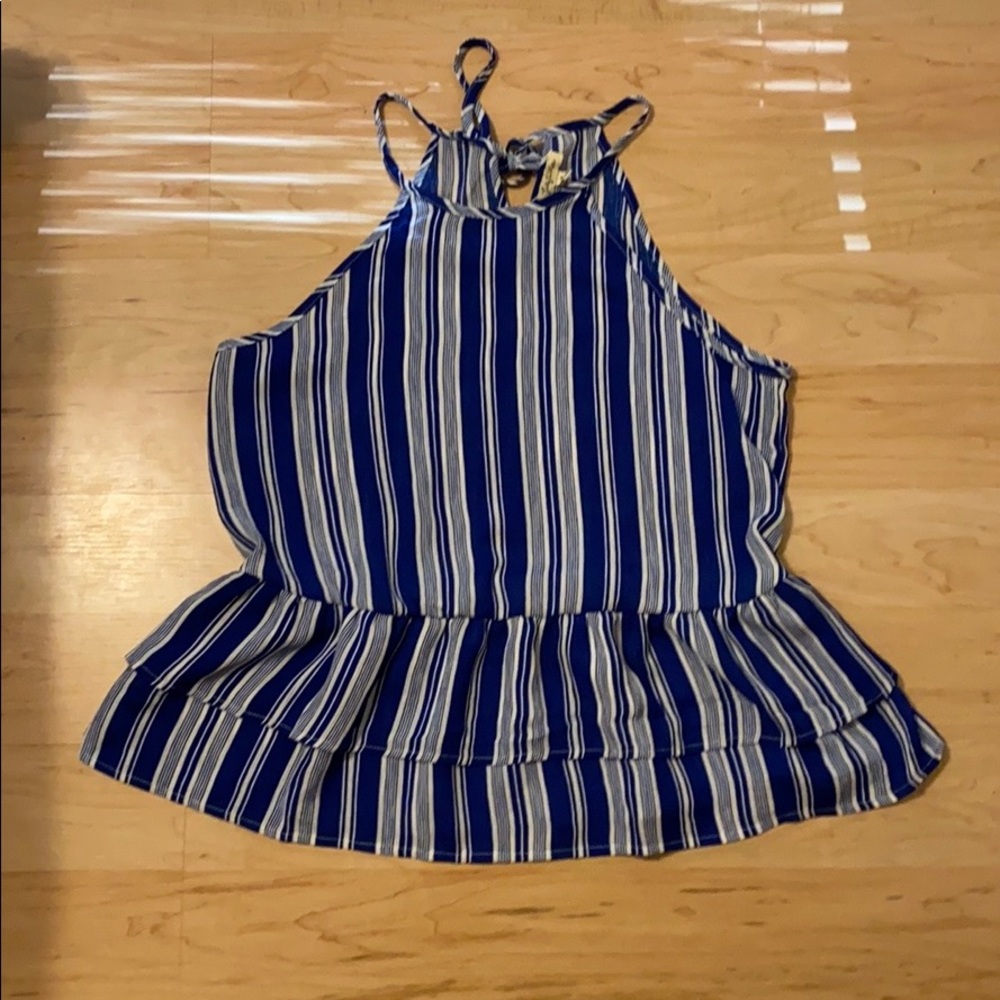 Blue and white striped flowy tank